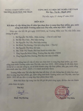 Biên bản kết thúc việc thông báo lựa chọn đơn vị cung ứng thực phẩm, gas, nước uống năm học 2024 - 2025