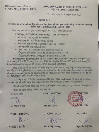 Biên bản họp hội đồng lựa chọn đơn vị cung ứng thực phẩm, gá, nước uống